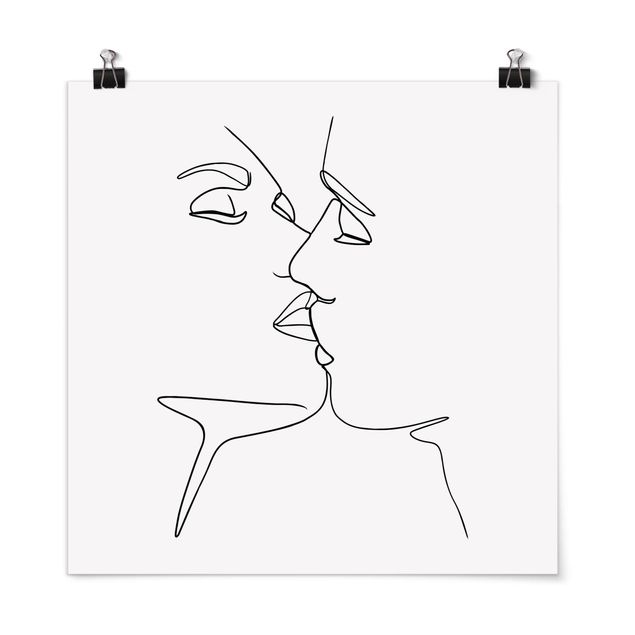 Poster - Line Art Kuss Gesichter Schwarz Weiß - Quadrat 1:1