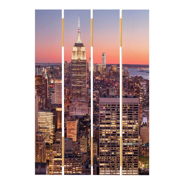Holzbild - Sonnenuntergang Manhattan New York City - Hochformat 3:2