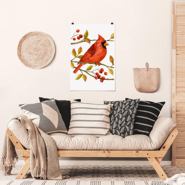 Kunstdrucke Poster Vögel und Beeren - Rotkardinal