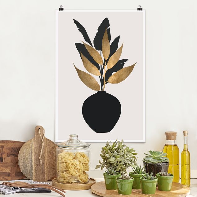 Poster Illustration Grafische Pflanzenwelt - Gold und Schwarz
