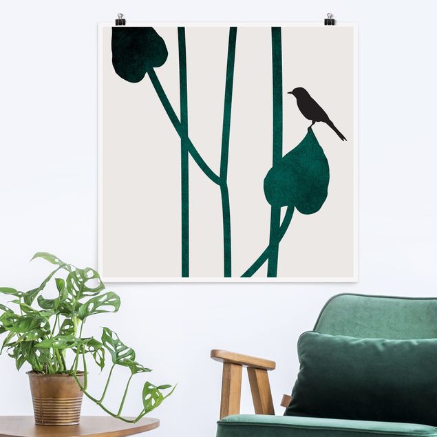 Wandbilder Tiere Grafische Pflanzenwelt - Vogel auf Blatt