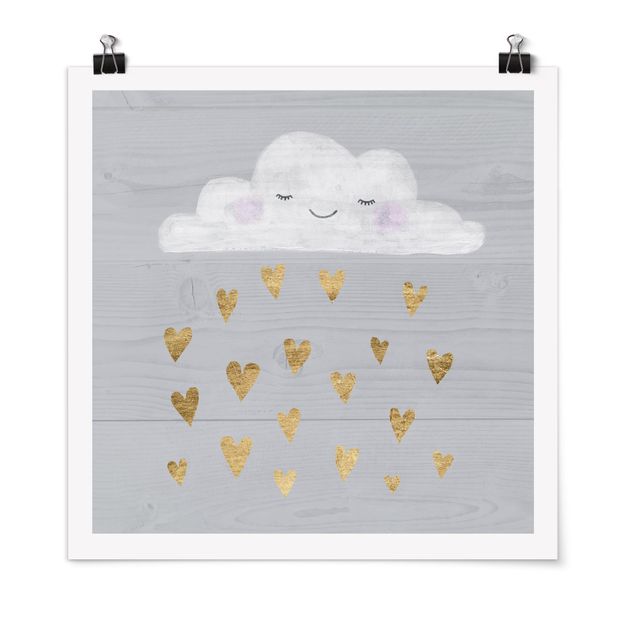Poster - Wolke mit goldenen Herzen - Quadrat 1:1
