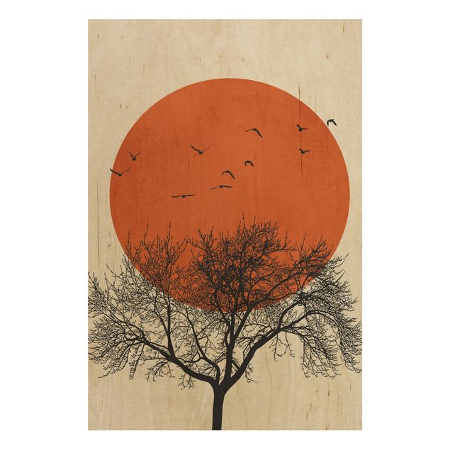 Holzbilder modern Vogelschwarm vor roter Sonne II