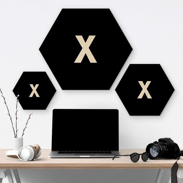 Hexagon Bild Holz - Buchstabe Schwarz X