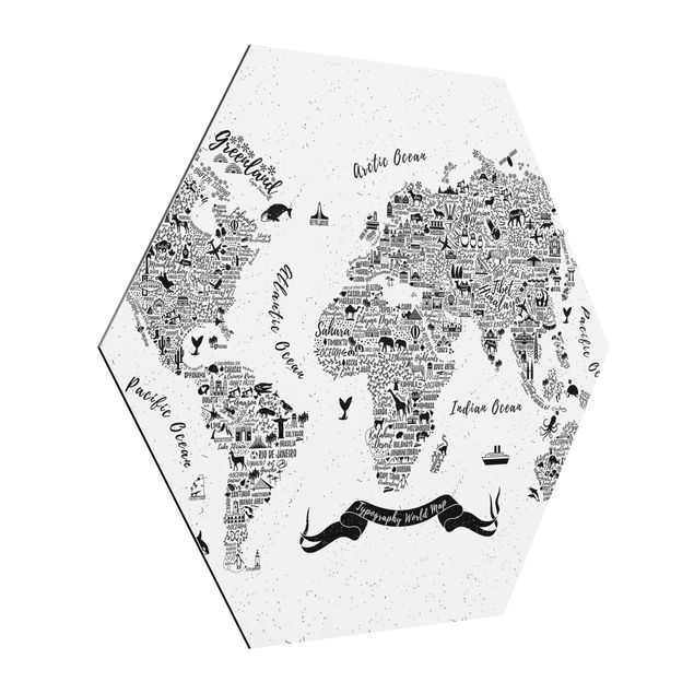 Hexagon Bild Alu-Dibond - Typografie Weltkarte weiß