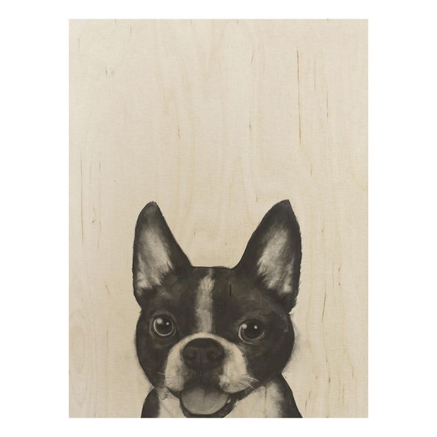 Holzbild - Illustration Hund Boston Schwarz Weiß Malerei - Hochformat 4:3