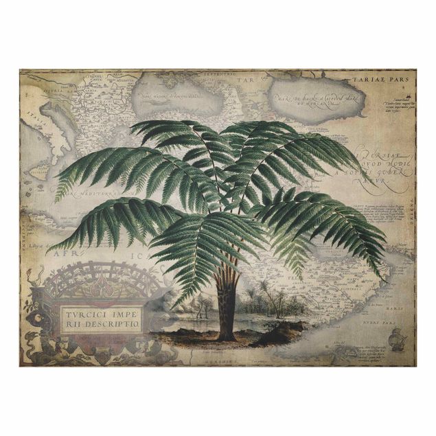Foto auf Alu Dibond Vintage Collage - Palme und Weltkarte