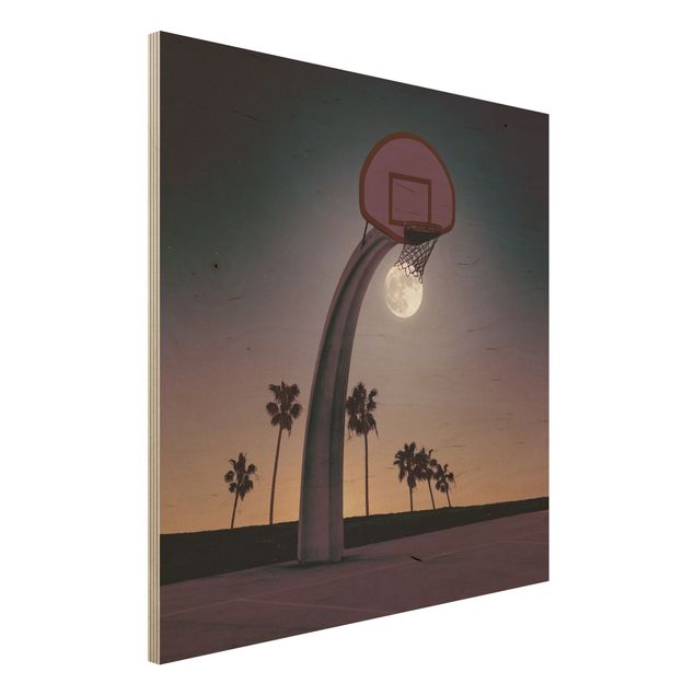 Moderne Holzbilder Basketball mit Mond