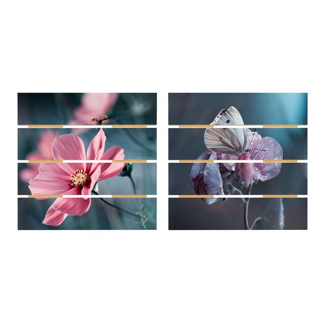 Holzbild 2-teilig - Schmetterling und Marienkäfer auf Blüten - Quadrate 1:1