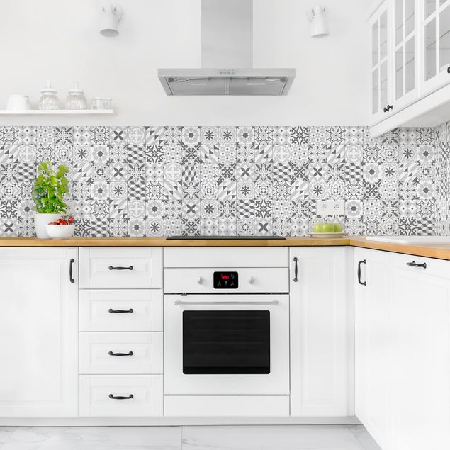 Küchenrückwand Folie Fliesenoptik Geometrischer Fliesenmix Grau