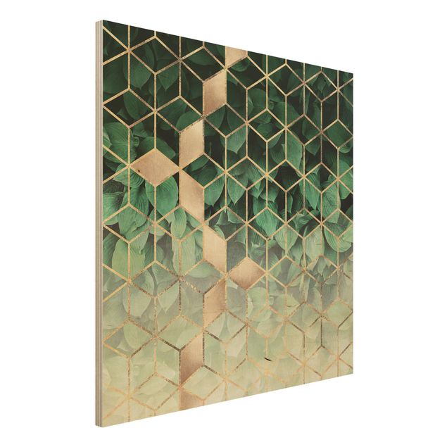 Holzbild - Grüne Blätter goldene Geometrie - Quadrat 1:1