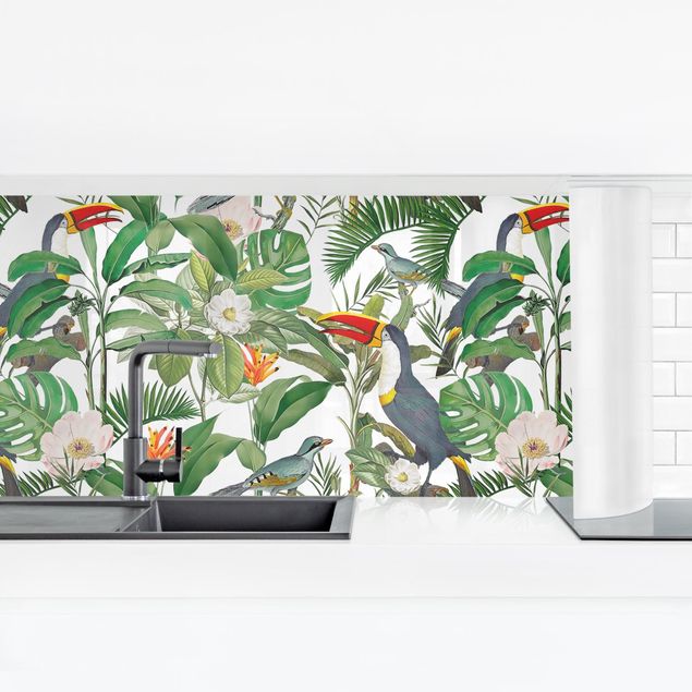 Küchenspritzschutz Tropischer Tukan mit Monstera und Palmenblättern