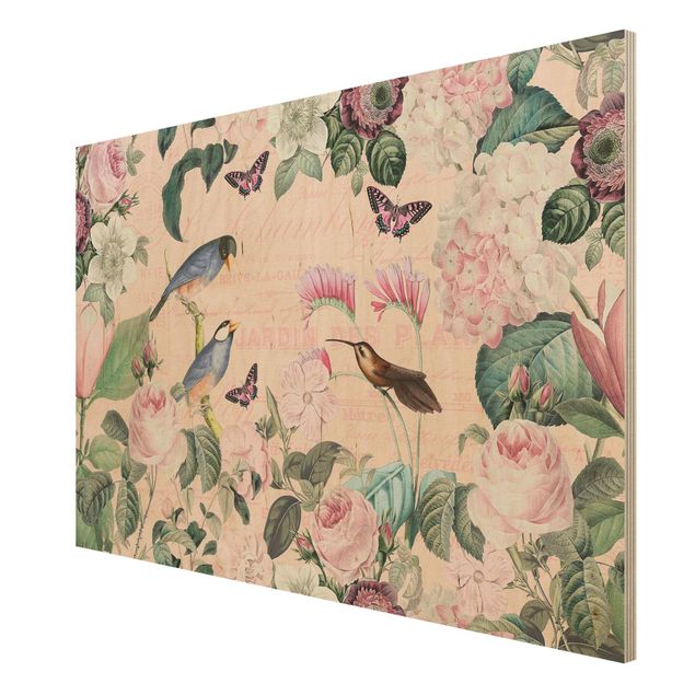 Holzbilder modern Vintage Collage - Rosen und Vögel