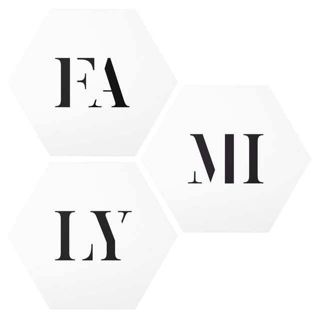 Hexagon Bild Forex 3-teilig - Buchstaben FAMILY Schwarz Set I