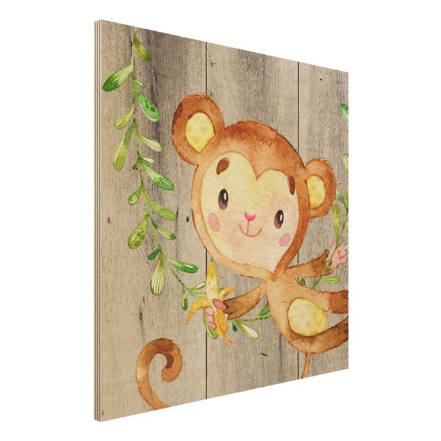 Moderne Holzbilder Aquarell Affe auf Holz