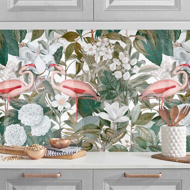 Küchenrückwände Platte Rosa Flamingos mit Blättern und weißen Blumen II