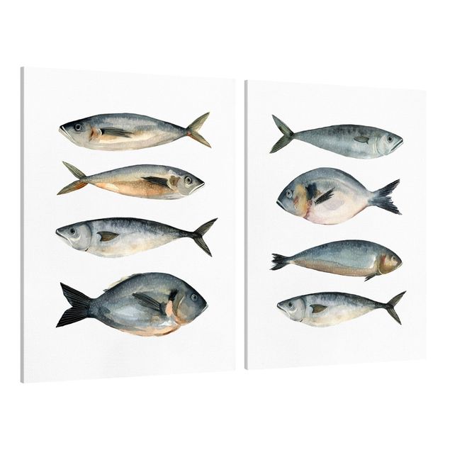 Leinwand Kunstdruck Acht Fische in Aquarell Set I