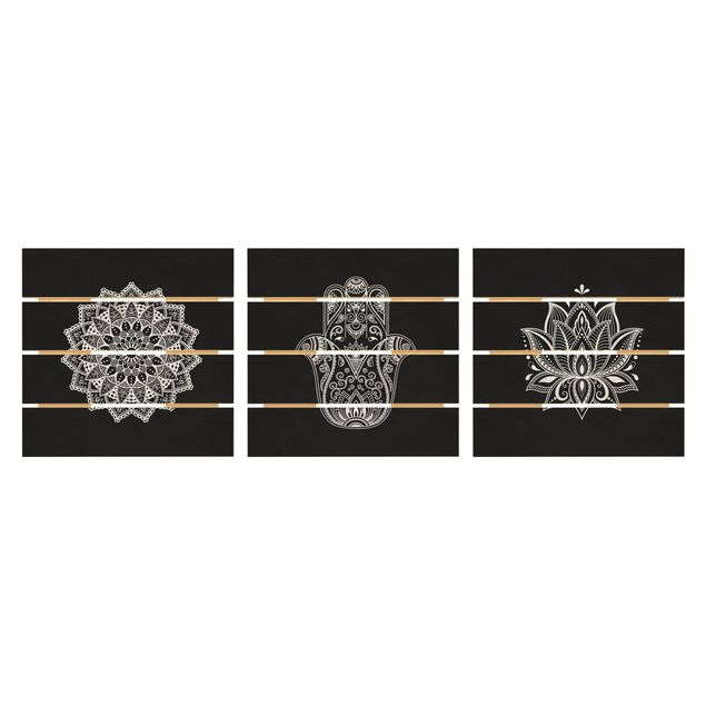 Holzbild 3-teilig - Mandala Hamsa Hand Lotus Set auf Schwarz - Quadrate 1:1