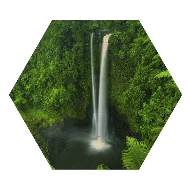 Hexagon Bild Holz - Paradiesischer Wasserfall