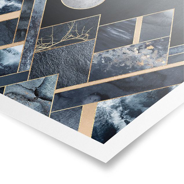 Poster - Goldener Mond abstrakte schwarze Berge - Quadrat 1:1