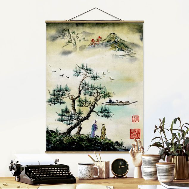 Wandbilder Japanische Aquarell Zeichnung Kiefer und Bergdorf