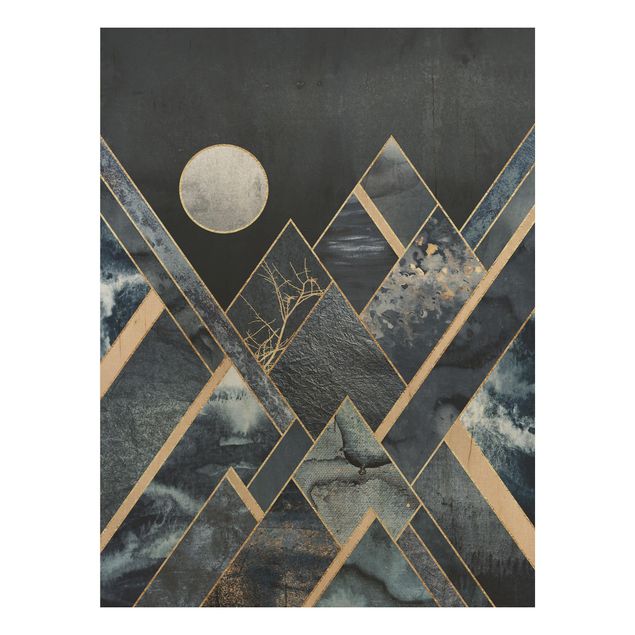 Holzbild - Goldener Mond abstrakte schwarze Berge - Hochformat 4:3