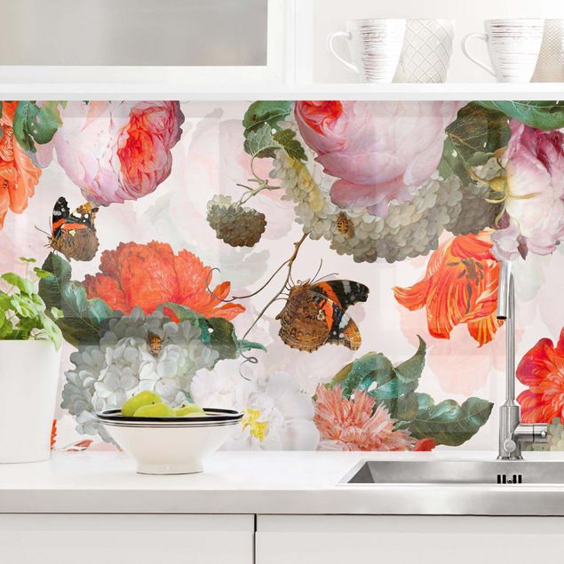 Küchenrückwände Platte Rote Blumen mit Schmetterlingen