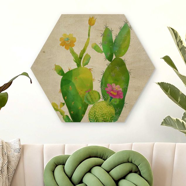Holzbilder mit Blumen Kaktusfamilie rosa gelb