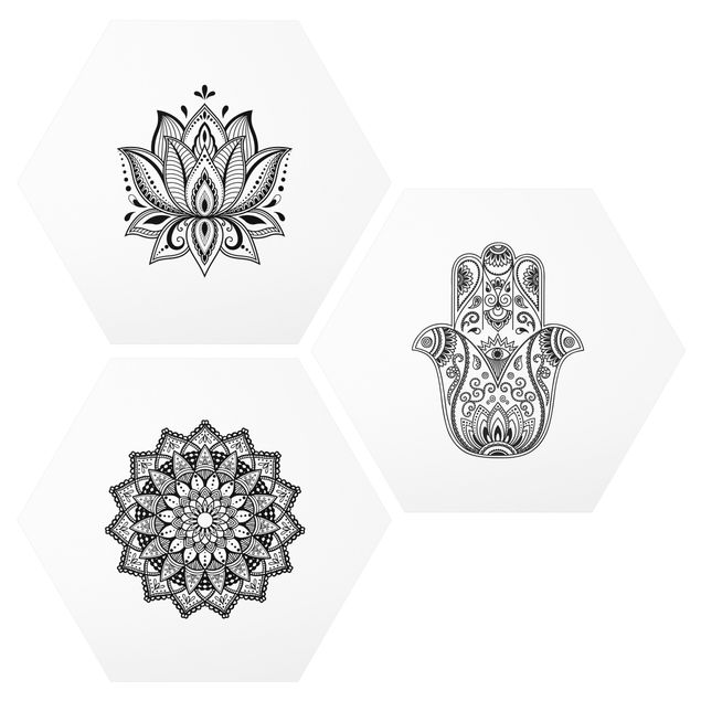 Hexagon Bild Forex 3-teilig - Mandala Hamsa Hand Lotus Set auf Weiß