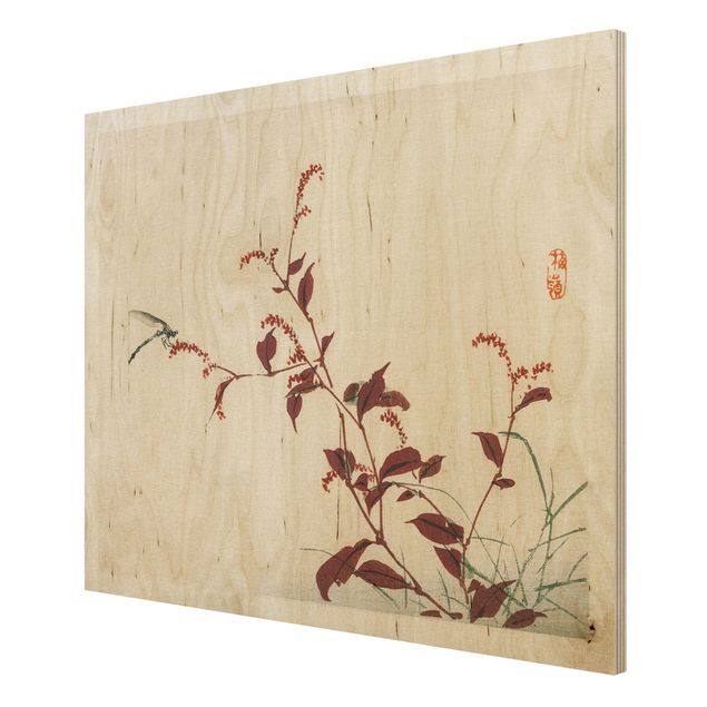 Holzbilder modern Asiatische Vintage Zeichnung Roter Zweig mit Libelle
