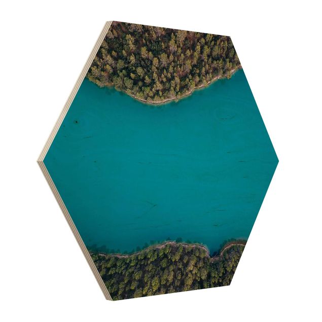 Hexagon Bild Holz - Luftbild - Tiefblauer See