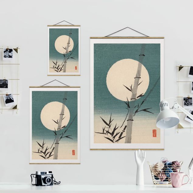 Stoffbild mit Posterleisten - Japanische Zeichnung Bambus und Mond - Hochformat 2:3