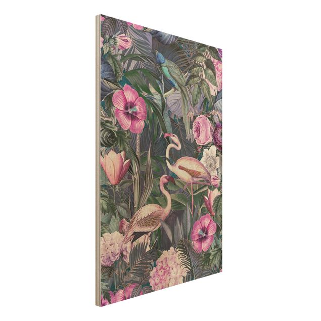 Holzbilder mit Blumen Bunte Collage - Pinke Flamingos im Dschungel