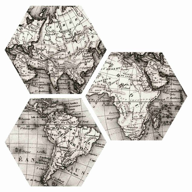 Hexagon Bild Alu-Dibond 3-teilig - Alte Weltkarte Details
