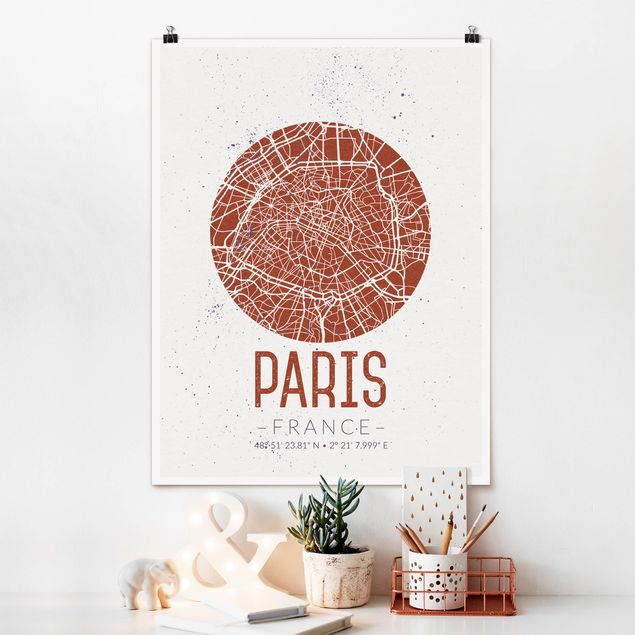 Wandposter Schwarz-Weiß Stadtplan Paris - Retro
