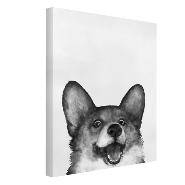 Leinwandbild - Illustration Hund Corgi Weiß Schwarz Malerei - Hochformat 4:3