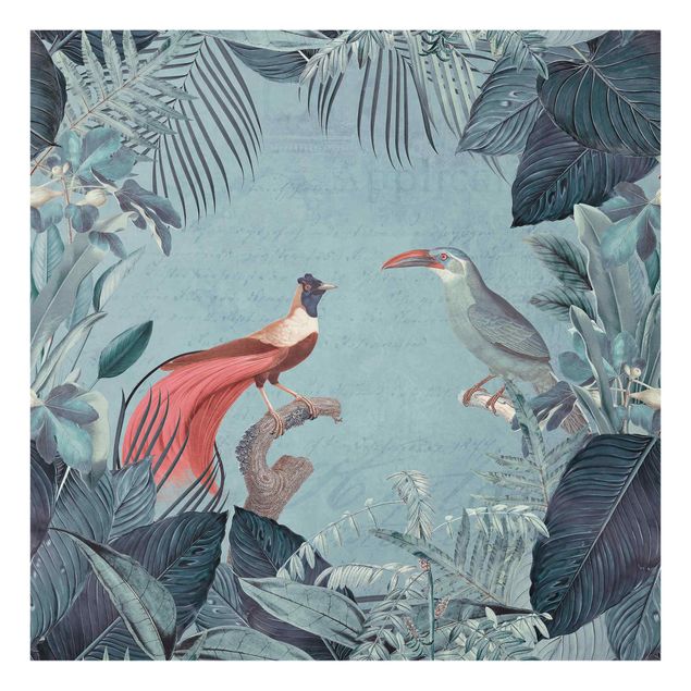 Spritzschutz Glas - Blaugraues Paradies mit tropischen Vögeln - Quadrat 1:1