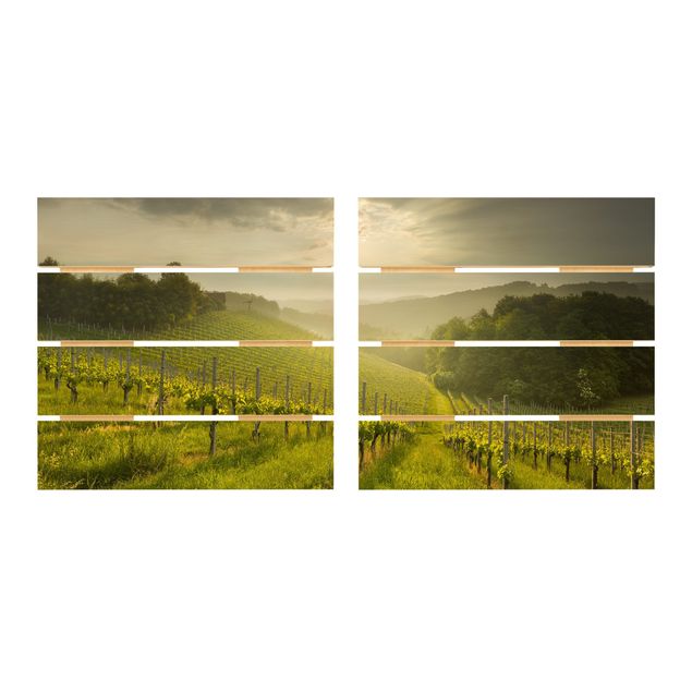 Holzbild 2-teilig - Sonnenstrahlen Weinberg - Quadrate 1:1