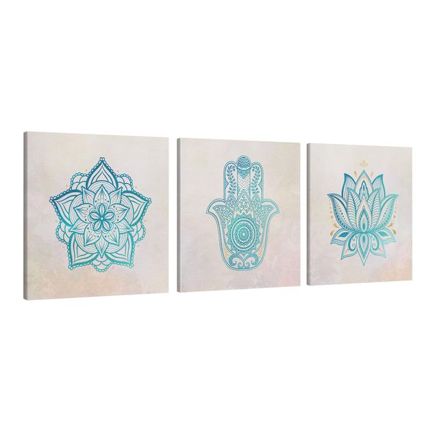 Schöne Wandbilder Mandala Hamsa Hand Lotus Set gold blau