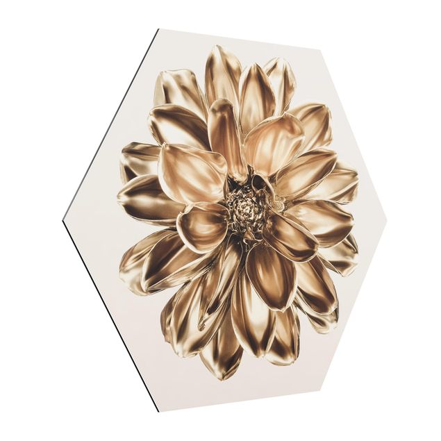 Hexagon-Alu-Dibond Bild - Dahlie Blume Gold Metallic
