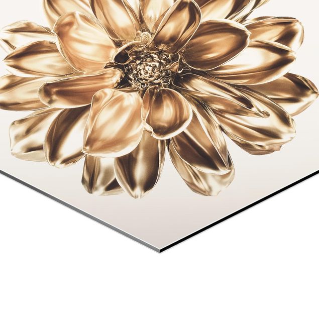 Hexagon-Alu-Dibond Bild - Dahlie Blume Gold Metallic