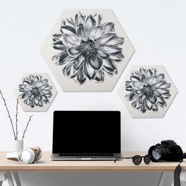 Hexagon-Alu-Dibond Bild - Dahlie Blume Silber Metallic