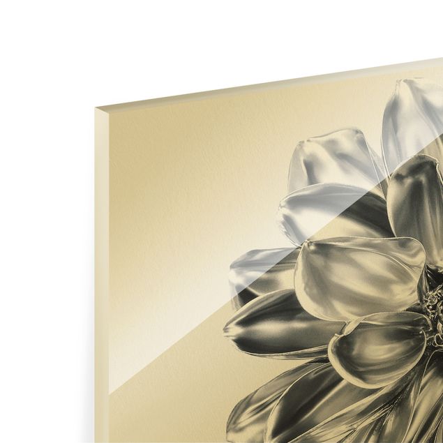 Glasbild - Dahlie Blume Silber Metallic - Querformat 4:3