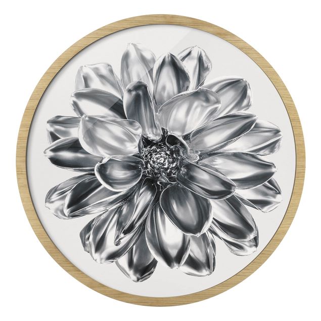 Rundes Gerahmtes Bild - Dahlie Blume Silber Metallic