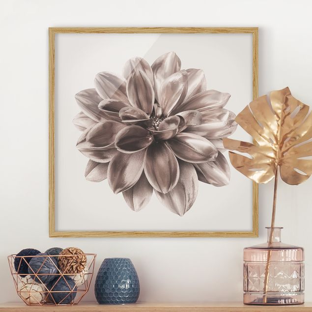 Blumen Bilder mit Rahmen Dahlie Bronze Metallic Beige Zentriert
