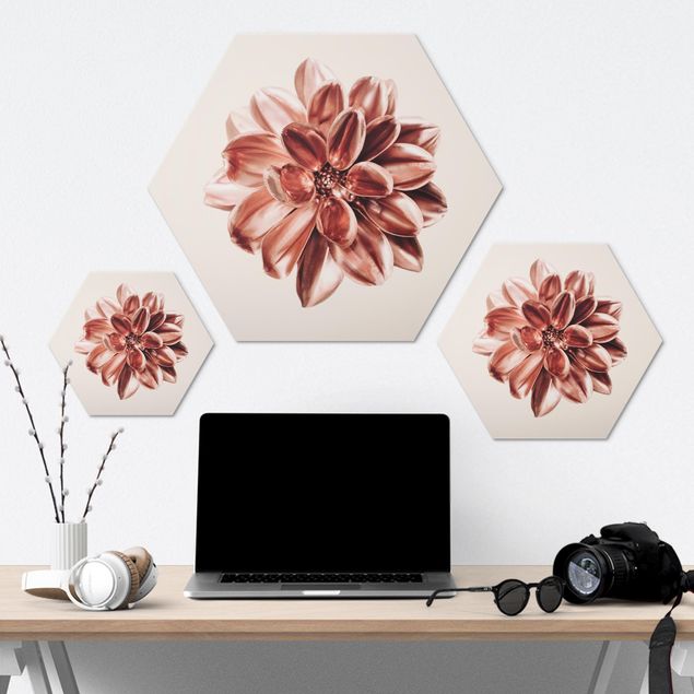 Hexagon-Alu-Dibond Bild - Dahlie Rosegold Metallic Rosa