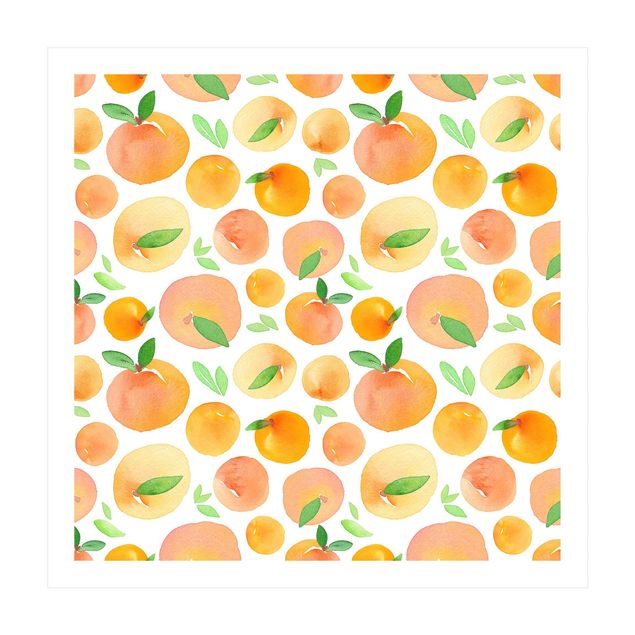 Orange Teppich Aquarell Orangen mit Blättern in weißem Rahmen