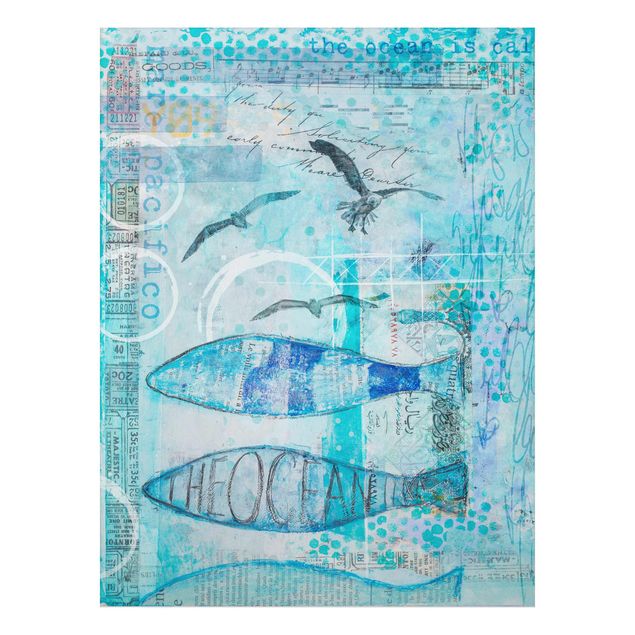 Bilder für die Wand Bunte Collage - Blaue Fische