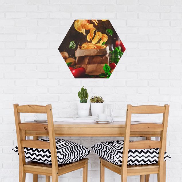 Hexagon Bild Alu-Dibond - Tomate-Basilikum-Snack