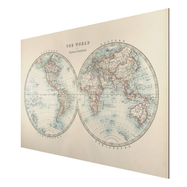 Aluminium Print gebürstet - Vintage Weltkarte Die zwei Hemispheren - Querformat 2:3